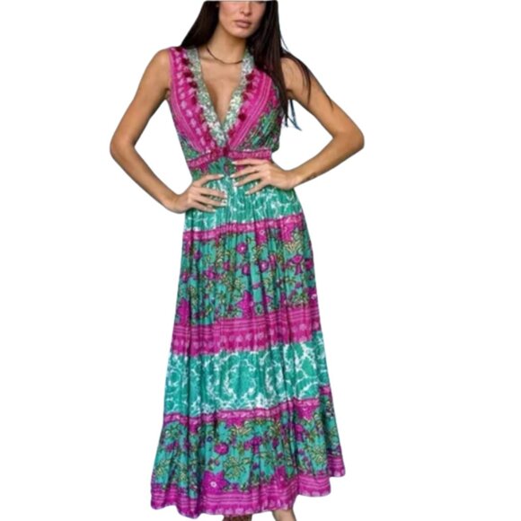 Antica Sartoria Bohemian Maxi Dress One Size Small Large Green Pink Goddess - Picture 1 of 13
